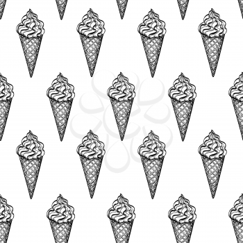 Seamless pattern with ice cream cones. Hand drawn vector illustration.