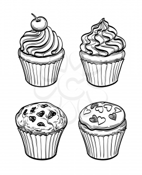 Set of muffins and cupcakes. Sketch. Pastry sweets collection isolated on white background. Hand drawn vector illustration.