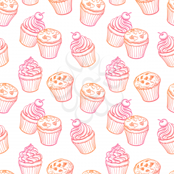 Seamless pattern with muffins and cupcakes. Hand drawn vector llustration.