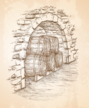 Ancient cellar with wooden barrels. Hand drawn vector illustration on old paper background. Retro style.