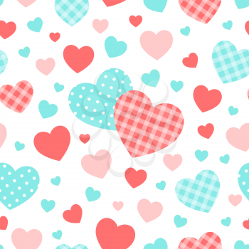 Valentine's day vector background. Seamless pattern. Blue, pink, checkered and polka dots hearts.