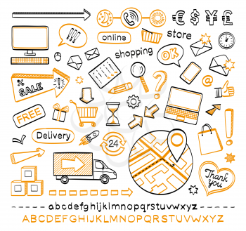 Doodle icons isolated on white background. E-commerce. Online shopping.  Hand drawn sketch vector illustration.