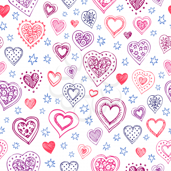 Valentine s day vector pattern. Seamless pattern with hand drawn red, pink, purple, dark blue hearts, and blue stars on white background.
