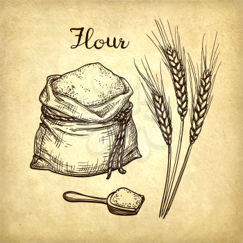 Wheat, flour sack and wooden scoop. Hand drawn vector illustration on old paper background. Retro style.