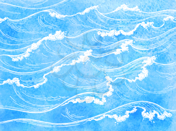 Sea waves. Summer watercolor background. Hand drawn vector illustration.