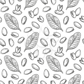 Seamless pattern with pistachio nuts and leaves