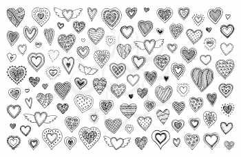 Cute doodle hearts. Sketch set isolated on white background. Hand drawn vector illustration.