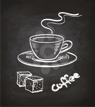 Cup of coffee and sugar cubes. Chalk sketch on blackboard. Hand drawn vector illustration. Retro style.