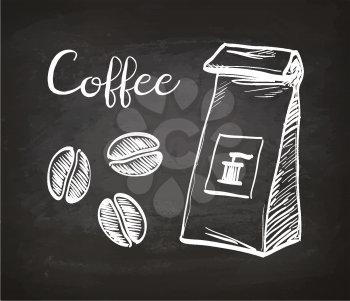 Package and coffee beans. Chalk sketch on blackboard. Hand drawn vector illustration. Retro style.