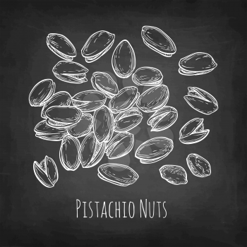 Handful of pistachio nuts. Chalk sketch on blackboard background. Hand drawn vector illustration. Retro style.