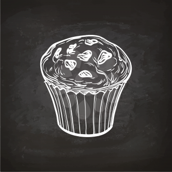 Muffin with raisins. Retro style sketch on chalkboard. Hand drawn vector illustration.