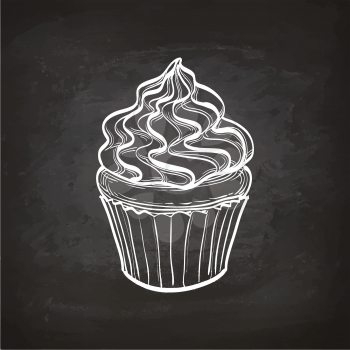Cupcakes with cream. Retro style sketch on chalkboard. Hand drawn vector illustration.