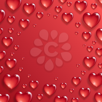 Valentines day greeting card template. Red background. Hearts that look like drops of water. Vector illustration.