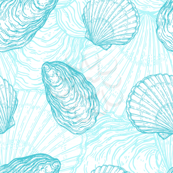 Seamless pattern with seashells. Oysters and scallops. Hand drawn vector illustration.