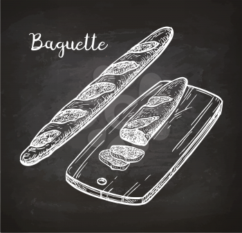 Baguette. Bread on cutting board. Chalk sketch on blackboard. Hand drawn vector illustration. Retro style.