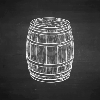 Wooden barrel of wine or beer. Chalk sketch on blackboard background. Hand drawn vector illustration. Retro style.