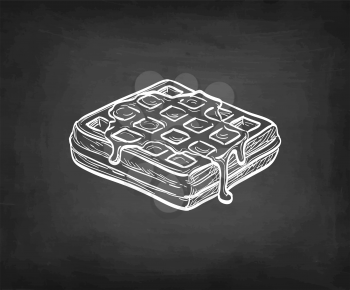Chalk sketch of waffle with syrup topping. Hand drawn vector illustration on blackboard background. Retro style.