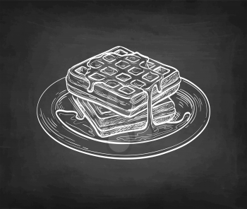 Chalk sketch of waffles with syrup topping. Hand drawn vector illustration on blackboard background. Retro style.