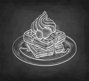 Waffles with cream and strawberry topping. Chalk sketch on blackboard background. Hand drawn vector illustration. Retro style.
