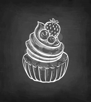 Rum baba. Dessert with whipped cream and fresh fruit. Chalk sketch on blackboard background. Hand drawn vector illustration. Retro style.