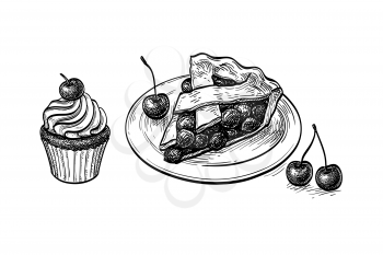 Cherry pie and cupcake. Ink sketch isolated on white background. Hand drawn vector illustration. Retro style.