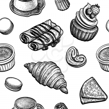 French desserts and pastries. Seamless pattern. Collection of ink sketches on white background. Hand drawn vector illustration. Retro style.