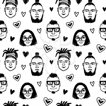 Seamless pattern. Hipster style portraits and hearts. Doodle sketches. Hand drawn vector illustration of funny characters. Valentine s day background.