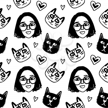 Seamless pattern. Cute young girl with glasses. Cats and hearts. Hipster style portrait. Doodle sketch. Hand drawn vector illustration of funny characters.
