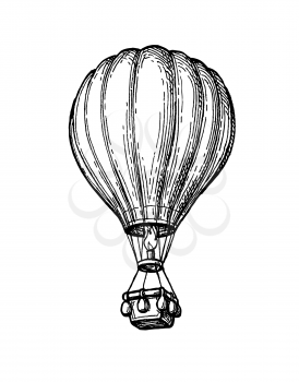 Hot air balloon. Ink sketch of aerostat isolated on white background. Hand drawn vector illustration. Retro style.