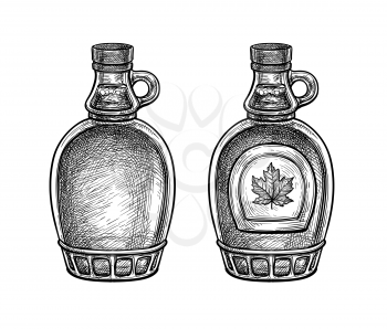 Maple syrup bottles. Ink sketch isolated on white background. Hand drawn vector illustration. Retro style.