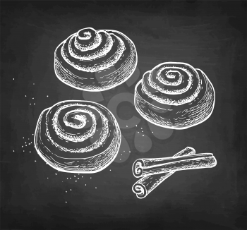 Cinnamon rolls. Chalk sketch on blackboard background. Hand drawn vector illustration. Retro style.