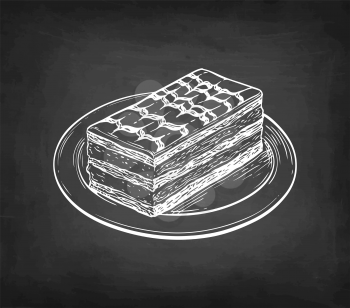 Mille-feuille, french dessert on porcelain plate. Chalk sketch on blackboard background. Hand drawn vector illustration. Retro style.