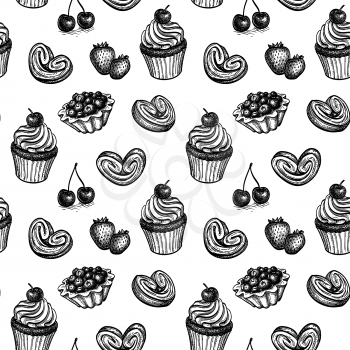 Seamless pattern with sweets and fresh berries. Ink sketches on white background. Hand drawn vector illustration. Retro style.