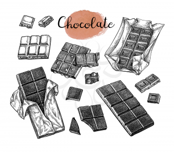 Chocolate set. Ink sketch isolated on white background. Hand drawn vector illustration. Retro style.