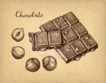 Bar of milk chocolate with hazelnuts. Ink sketch on old paper background. Hand drawn vector illustration. Retro style. 