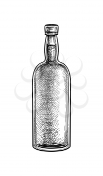 Whiskey bottle. Ink sketch isolated on white background. Hand drawn vector illustration. Retro style.