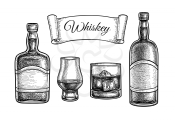 Whiskey set. Ink sketch isolated on white background. Hand drawn vector illustration. Retro style.
