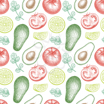 Guacamole sauce ingredients. Seamless pattern with avocado, lime and tomato. Ink sketch isolated on white background. Hand drawn vector illustration. Retro style.