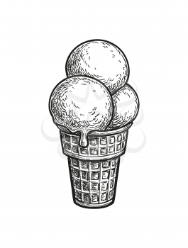 Three scoops of ice cream in a waffle cup. Ink sketch isolated on white background. Hand drawn vector illustration. Retro style.