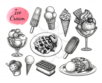 Ice cream set. Ink sketch collection isolated on white background. Hand drawn vector illustration. Retro style.
