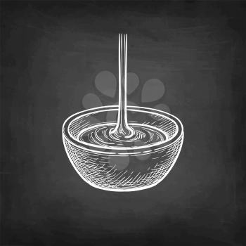 Maple syrup pouring into bowl. Chalk sketch on blackboard background. Hand drawn vector illustration. Retro style.