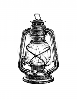 Burning kerosene lamp. Antique oil lantern. Ink sketch isolated on white background. Hand drawn vector illustration. Retro style.