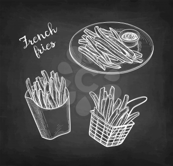 French fries. Fried potatoes. Chalk sketch on blackboard background. Hand drawn vector illustration. Retro style.