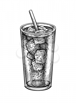 Soda glass with ice and drinking straw. Ink sketch of cola isolated on white background. Hand drawn vector illustration. Retro style.