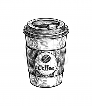 Coffee to go. Paper cup with label. Ink sketch isolated on white background. Hand drawn vector illustration. Retro style.