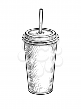 Drink in paper or plastic cup with lid and drinking straw. Milkshake or soda. Ink sketch mockup isolated on white background. Hand drawn vector illustration. Retro style.