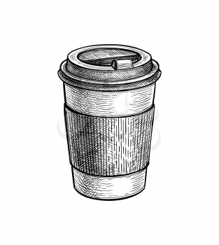 Paper cup with lid. Coffee to go. Small size. Ink sketch mockup isolated on white background. Hand drawn vector illustration. Retro style.