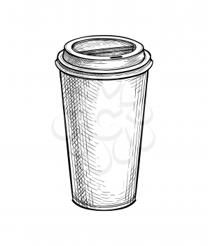 Paper or plastic cup with lid. Coffee or tea. Ink sketch mockup isolated on white background. Hand drawn vector illustration. Retro style.