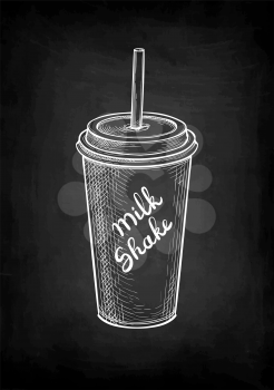 Milkshake in paper or plastic cup with lid and drinking straw. Chalk sketch on blackboard background. Hand drawn vector illustration. Retro style.