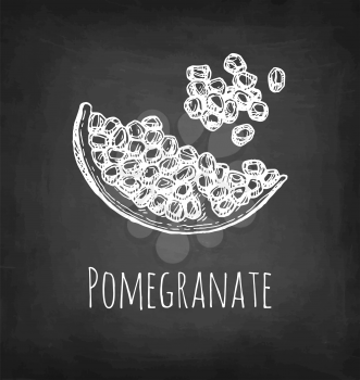 Pomegranate slice and seeds. Chalk sketch on blackboard background. Hand drawn vector illustration. Retro style.